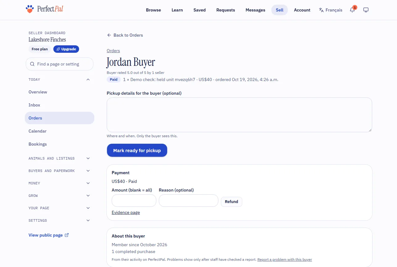 An order page with the items, payment and the buttons to mark it shipped or ready for pickup