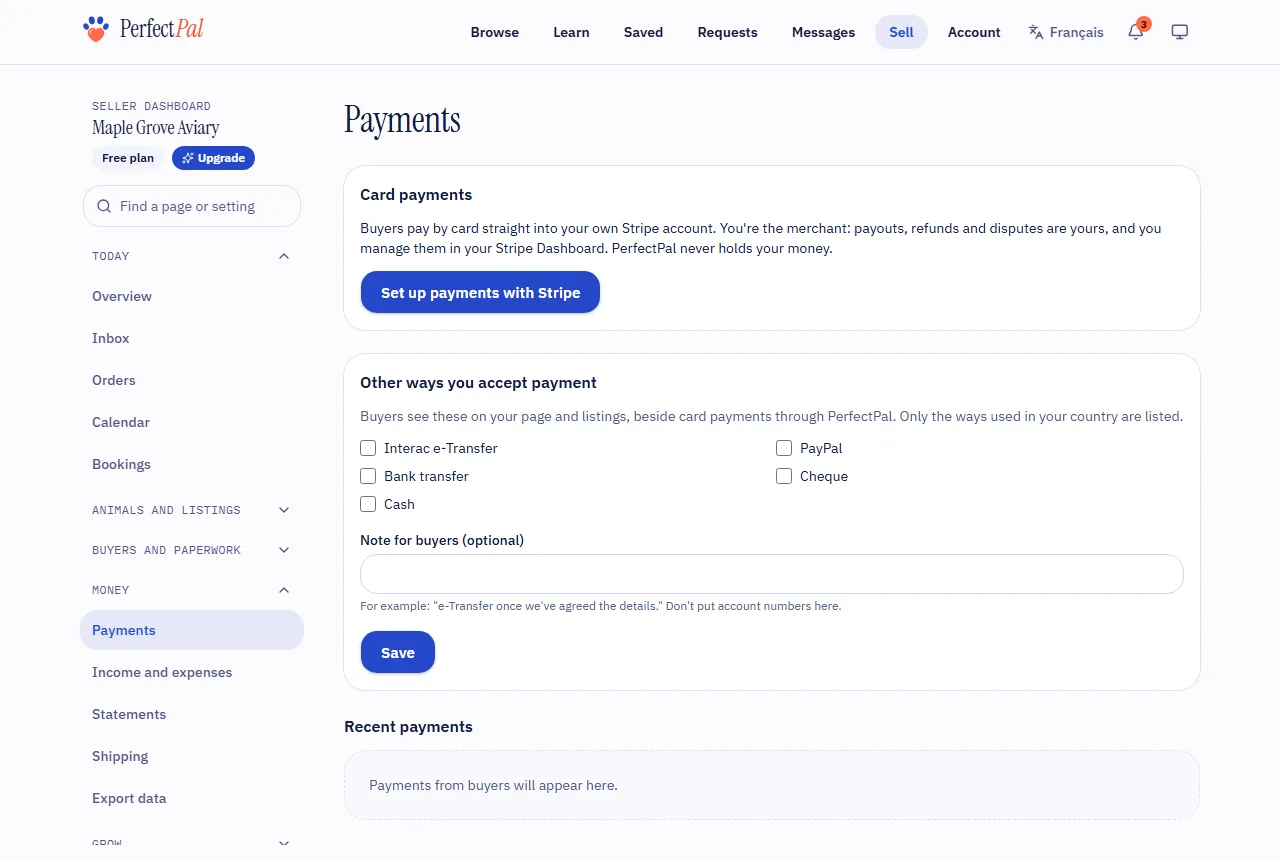 The Payments page, with the button to set up payments with Stripe