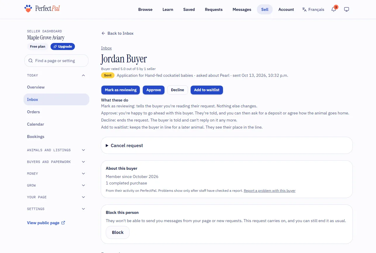 A request in the seller's inbox, with the buyer's answers and the status buttons