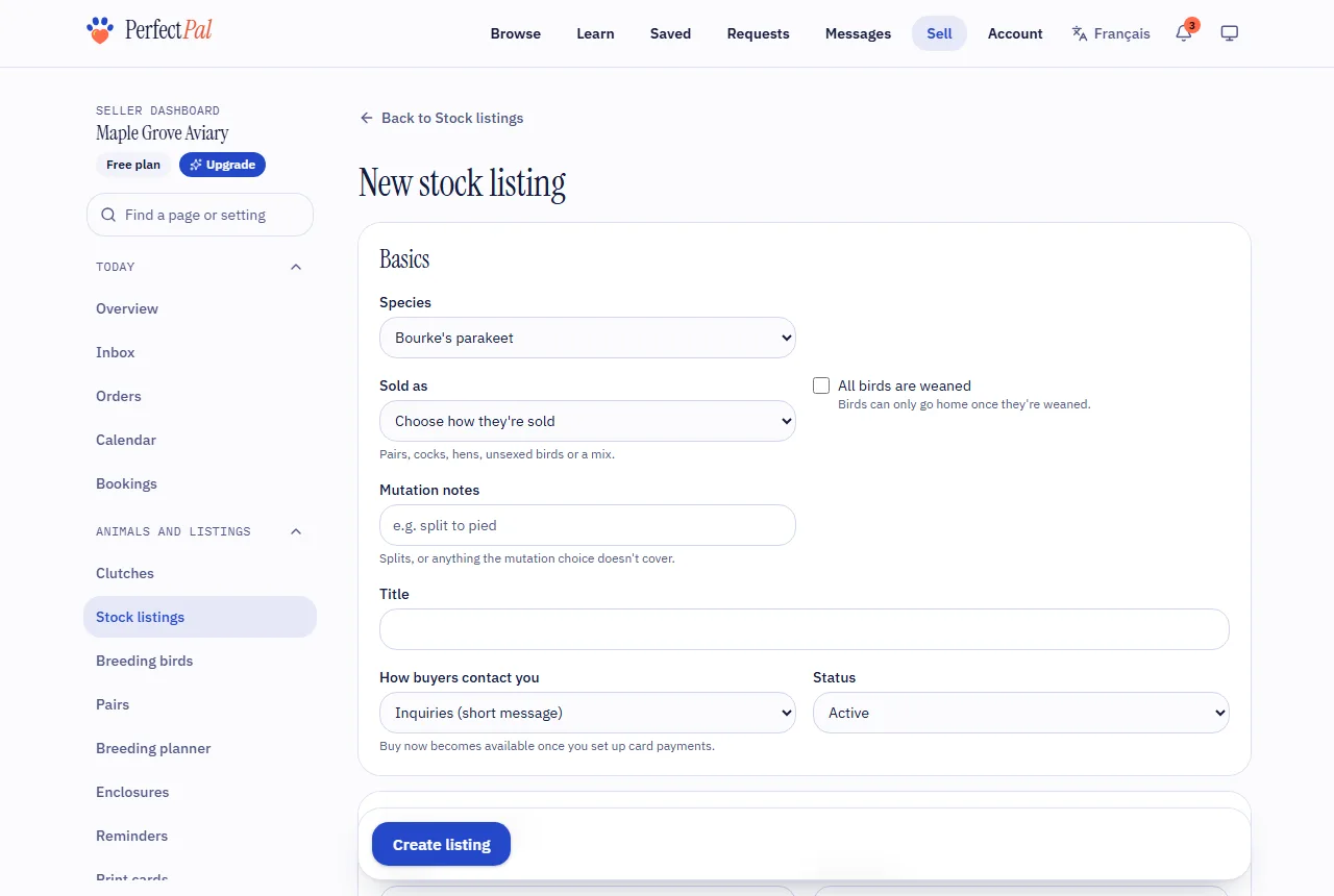 The new stock listing form, with its basics and price sections