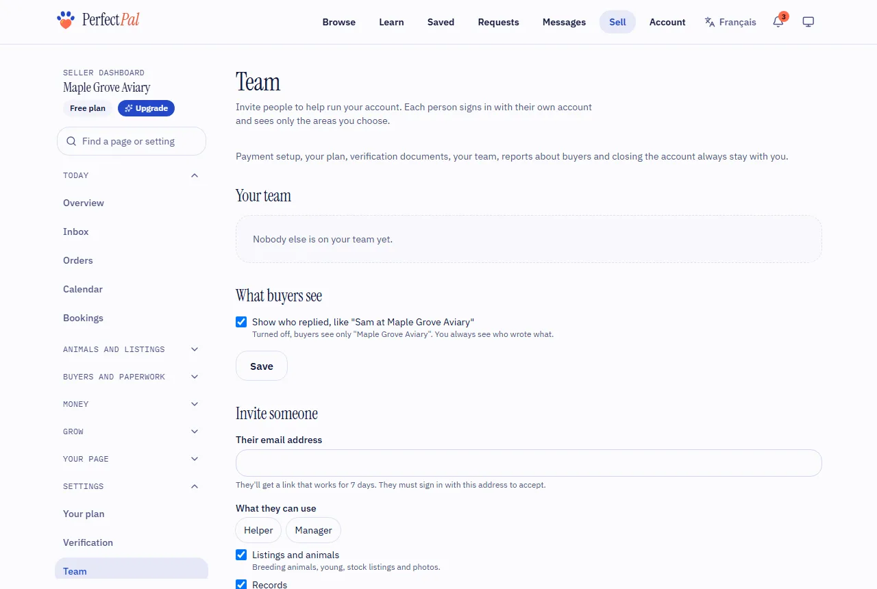 The Team page with the invitation form and the areas to choose