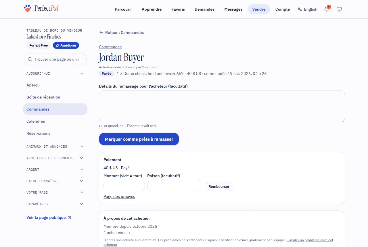 Une page de commande avec les articles, le paiement et les boutons pour la marquer expédiée ou prête à ramasser