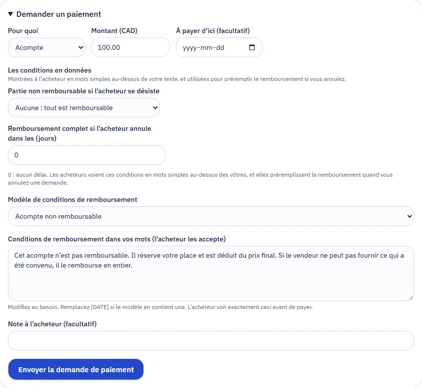 Le formulaire de demande de paiement sur une demande