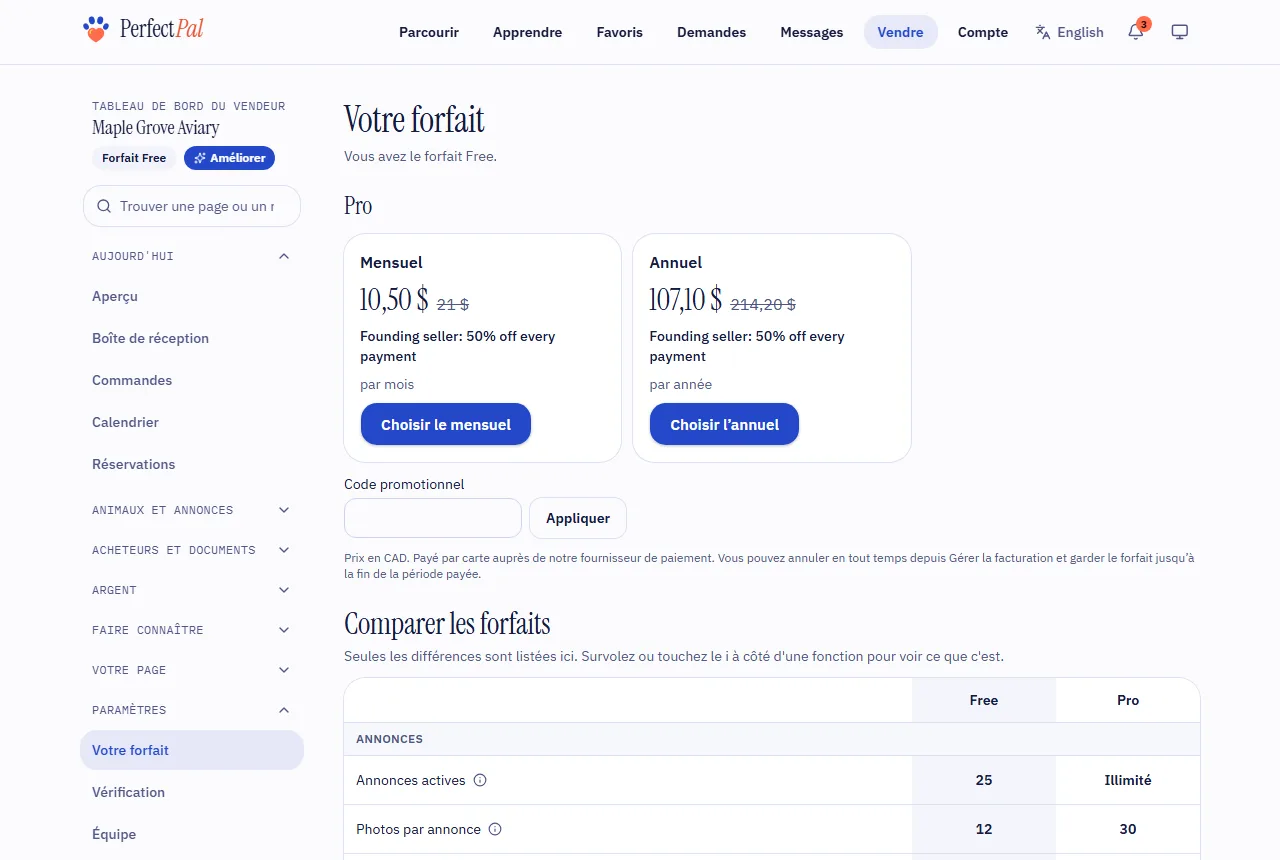 La page Votre forfait avec les options de forfait